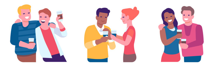 Obraz premium Joyful friends drink coffee together. Happy hugging people with beverage cups. Young men and women meeting. Smiling colleagues take break. Espresso or cappuccino mug. Vector persons set