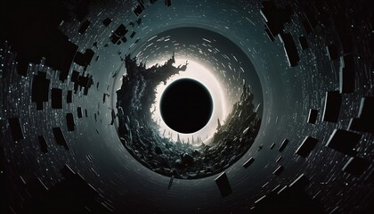The final limit of the matrix, world is falling into black hole. An object in space, chaos. Generated by AI