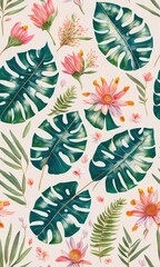Vibrant Seamless Tiled Art Design of Exotic Palms, Lush Foliage, and Ornate Flora Patterns. Generative AI