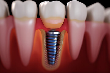 Fototapeta na wymiar Dental Implant. Dental implants are replace missing teeth to restore a person’s smile. Protect their jaw, and restore teeth functionality. Ai Generated Illustration.