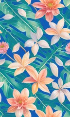 Vibrant Seamless Tiled Art Design of Exotic Palms, Lush Foliage, and Ornate Flora Patterns. Generative AI