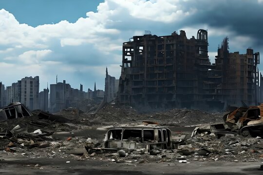 Apocalyptic View Of Destroyed City Buildings, Post Apocalypse After World War. Generative AI