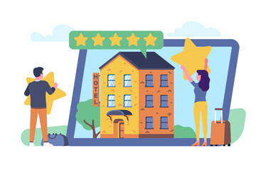 Obraz na płótnie Canvas Man and woman rating hotel services. Ranking stars. Customers feedback. Review of hostel. Mobile app. Couple with baggage. Rest evaluation. Travelers satisfaction icons. Vector concept