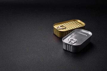 Metal aluminum can of canned sardines in oil with spices and salt