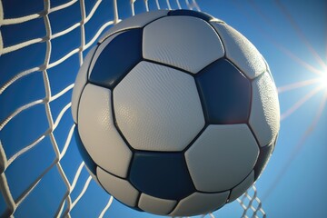 Close-up of a soccer ball going into the back of the net with a blue sky background. AI Generation