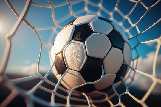 Close-up of a soccer ball going into the back of the net with a blue sky background. AI Generation