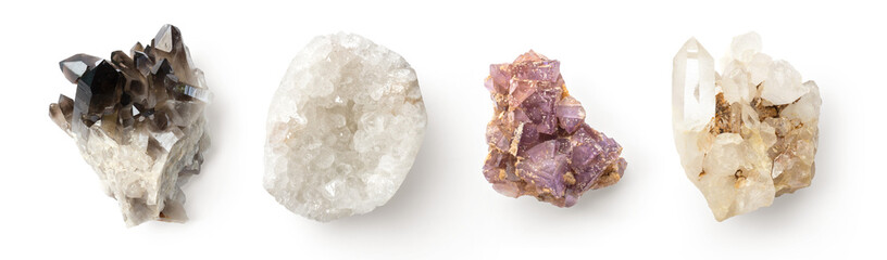 set of four different quartz crystal rocks isolated over a transparent background, semi precious...