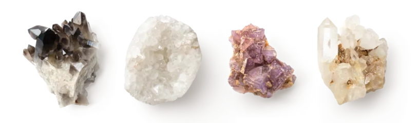 Poster Im Rahmen set of four different quartz crystal rocks isolated over a transparent background, semi precious stones / gems design elements, top view © Anja Kaiser