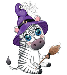 Cute zebra in witch hat, with broom, pumpkin jack, magic potion. Poster, card, label and decoration for Halloween