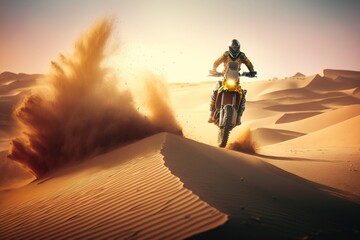 Sand landscape, motorbike or man on moto cross in desert space for sport workout, sunset ride or exercise on hill. AI Generation