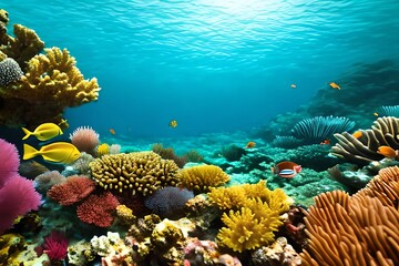 Fototapeta na wymiar Coral Reef With Many Fish Swimming Underwater In Light Beams. Generative AI
