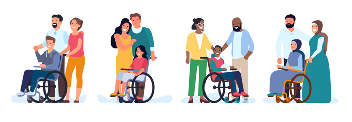 Parents and their children with disabilities smile together. Handicapped boys and girls in wheelchairs. Mom and dad support disabled kids. Paralyzed babies. Vector happy families set