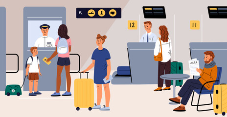 People at airport. Men and women with baggage. Reception desk. Parent and children pass passport control for flight. Departure preparation. Travelling by airline. Garish vector concept