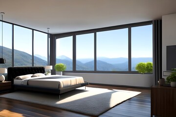 Modern Bedroom With Big French Windows. Generative AI