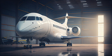 image of a white private jet that is in the hangar waiting for passengers,Generative AI