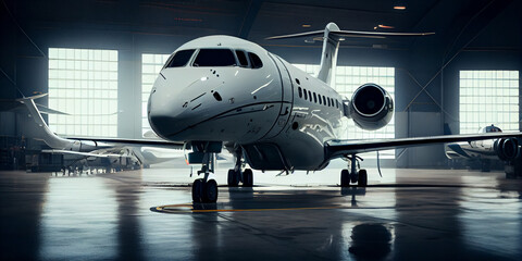 image of a white private jet that is in the hangar waiting for passengers,Generative AI