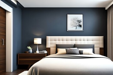 Modern Bedroom With Decoration On The Wall. Generative AI