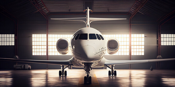 image of a white private jet that is in the hangar waiting for passengers,Generative AI
