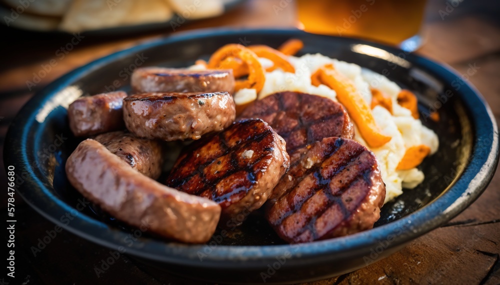 Sticker  a plate of sausages, mashed potatoes, and onions on a wooden table next to a glass of beer and a glass of beer.  generative ai