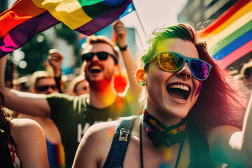 Happy people at Pride Parade party created using Generative AI.