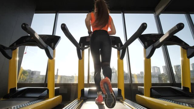 Girl on the treadmill. Fitness women. Sports training equipment in a fitness gym. Cardio routine on simulators. Sexy woman