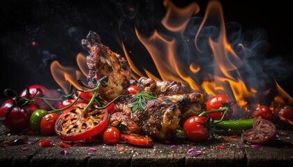  a bunch of food that is sitting on a table with some flames in the background and some tomatoes and peppers on the side of the table.  generative ai
