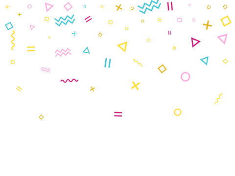 Memphis style geometric confetti background with triangle, circle, square, zigzag and wavy line