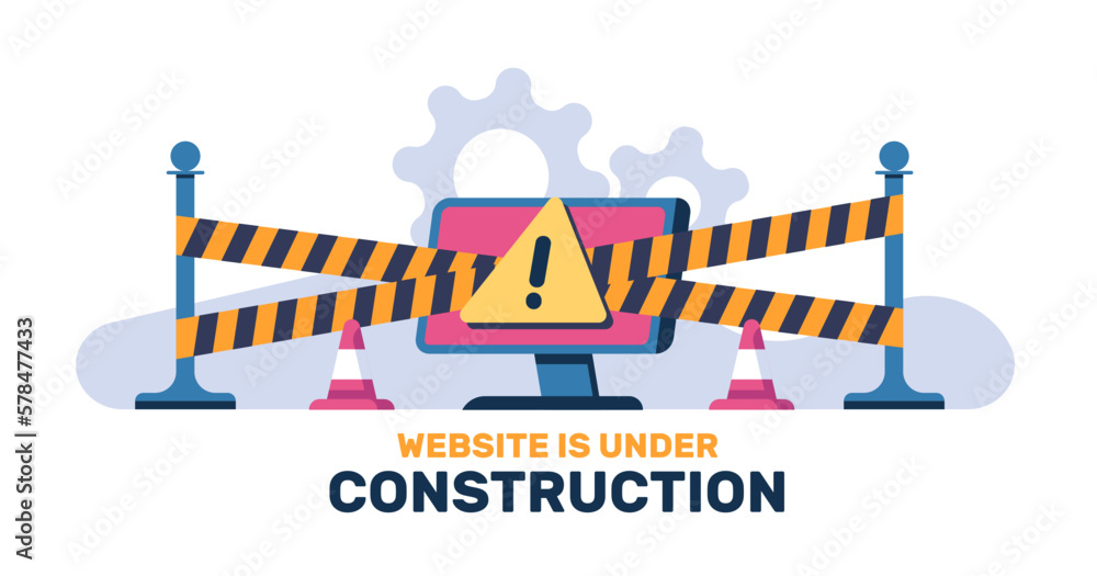Poster website is under construction. computer operating system repair. web page malfunction. alert sign. b