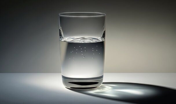  a glass of water with a reflection on a table top.  generative ai