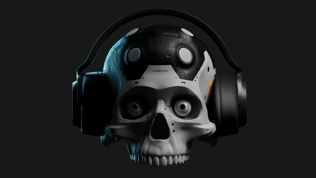 futuristic human skull in headphones with a powerful bass effect and crazy eyes. theme music or games. the video has an alpha channel