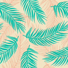 Fototapeta na wymiar Seamless tropical palm leaves vector pattern. Botanical design over waves