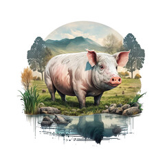 an illustration of a pig in nature on transparent background