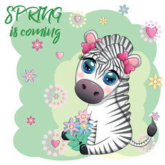 Striped zebra in a wreath of flowers, with a bouquet. Spring is coming