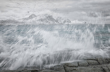 Harsh winter landscape in Lofoten Archipelago, Uttakleiv Beach, Norway, Europe. Cold landscape in Lofoten Islands.