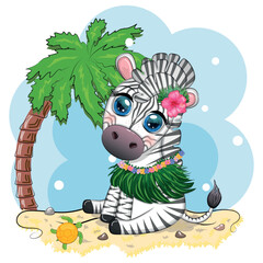 Cute zebra in hula dancer costume, Hawaii, child character. Animal in summer. Summer holidays, vacation