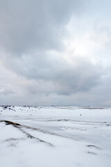 Harsh winter landscape in Lofoten Archipelago, Uttakleiv Beach, Norway, Europe. Cold landscape in Lofoten Islands.