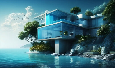 A luxurious modern house located by the sea with blue water. AI