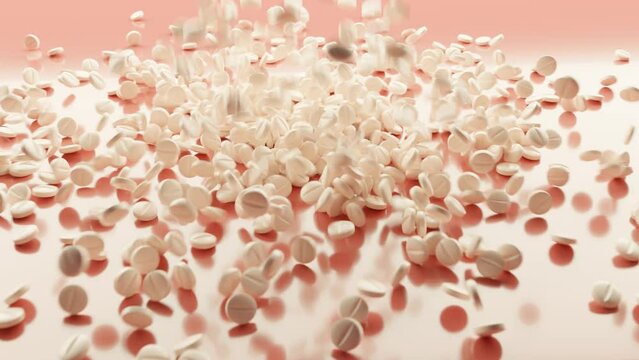 An animation of many white pills falling onto a shiny red table in 4k and 60 fps.