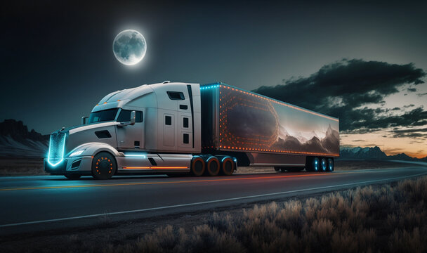 A self-driving big truck with a trailer carrying goods is moving on the road during the night. Ai