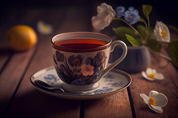 Fototapeta premium cup of tea on the table with flowers.generative ai