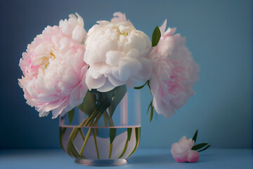 white pink peonies in a glass vase.generative ai