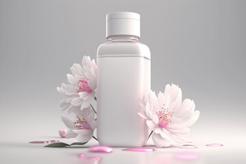 Obraz na płótnie Canvas White cosmetic bottle mock up on the pastel background with flowers, Generative AI