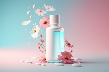 Obraz na płótnie Canvas White cosmetic bottle mock up on the pastel background with flowers, Generative AI