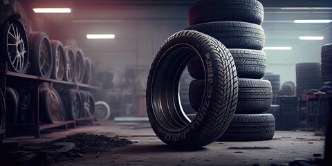 A tyre at the repair shop, service garage background, car fixing - generative ai