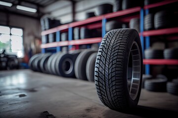 Fototapeta premium A tyre at the repair shop, service garage background, car fixing - generative ai
