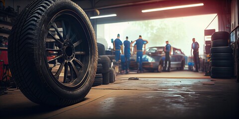 A tyre at the repair shop, service garage background, car fixing - generative ai