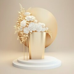 Luxury colored round pedestal, steel podium and flower bouquet. wall for product display background
