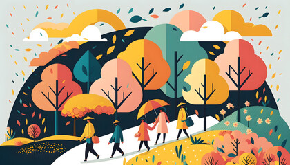 Spring landscape with happy people, illustration. Generative AI