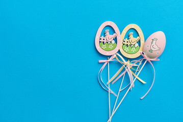 Design template on easter theme with eggs on blue background