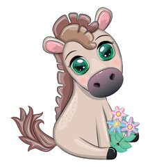 Cute cartoon horse, pony for card with flowers, balloons, heart
